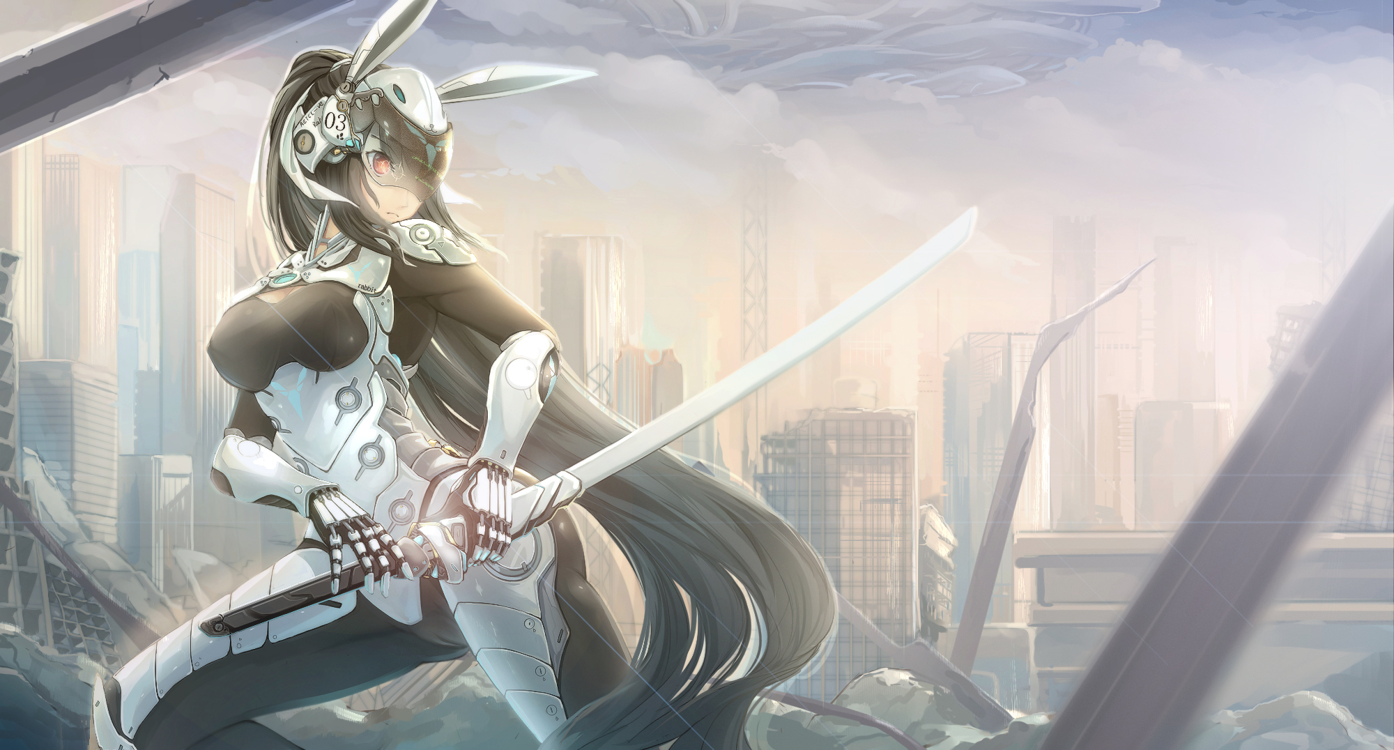 Anime girl with bunny ears and sword in ruined city HD Wallpaper