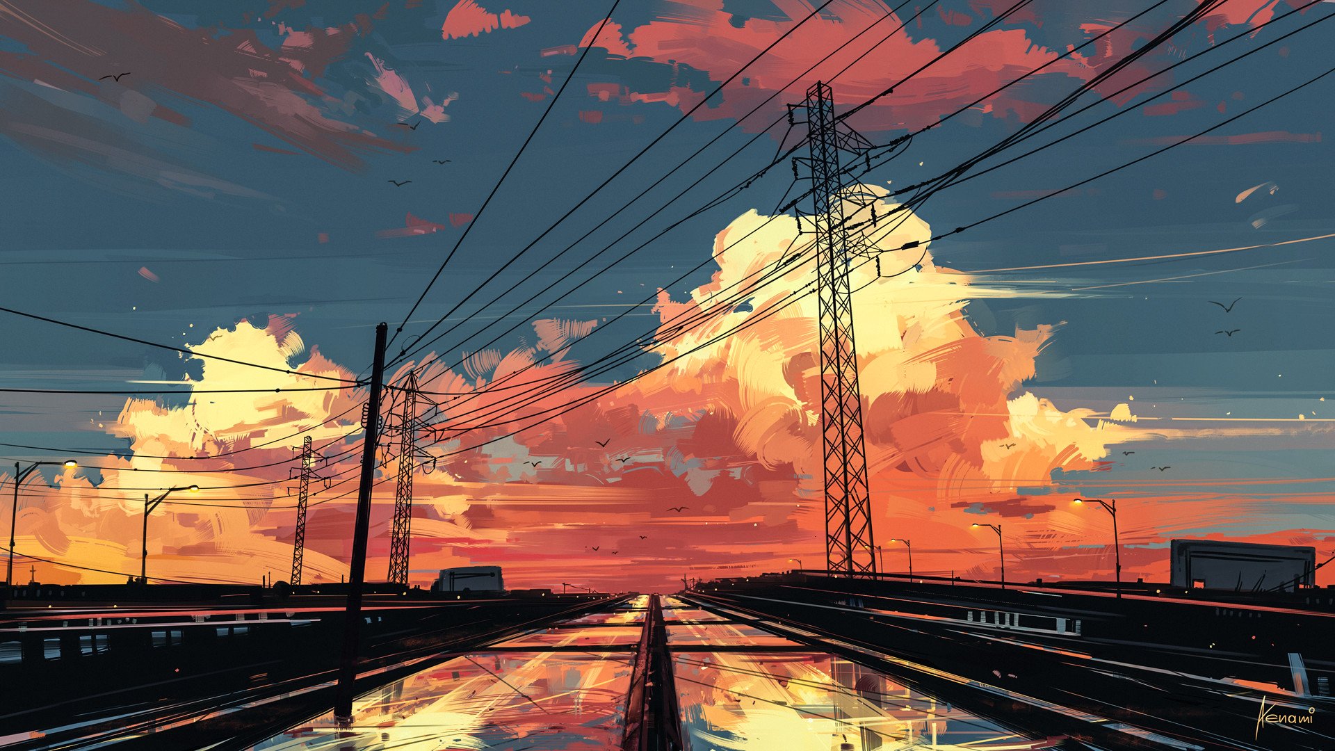 Digital art of a sunset over a highway with power lines HD Wallpaper