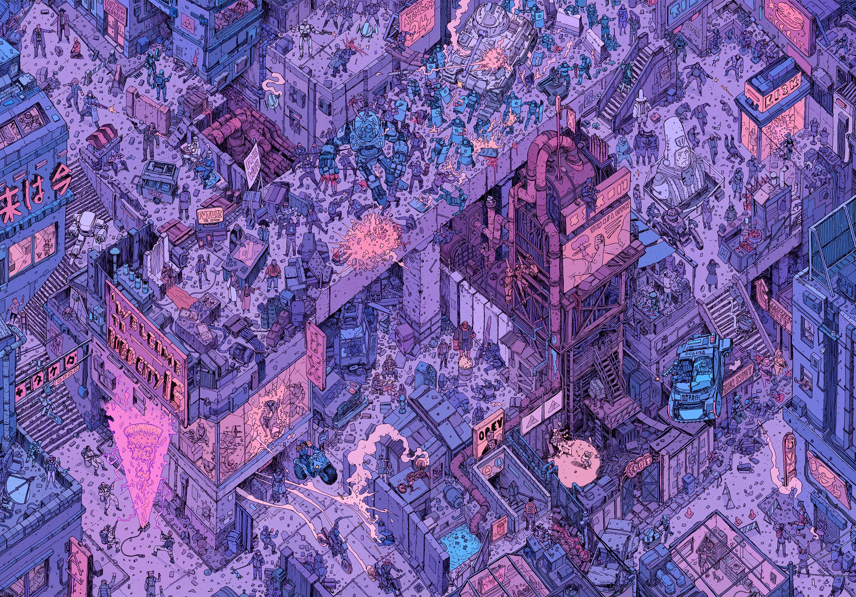 Isometric Cyberpunk City with Robots and People HD Wallpaper