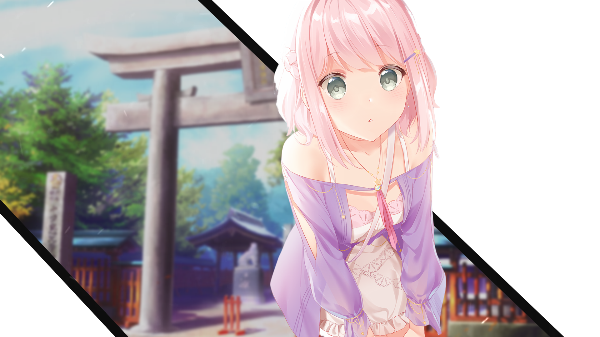 Anime girl with pink hair in traditional Japanese setting HD Wallpaper