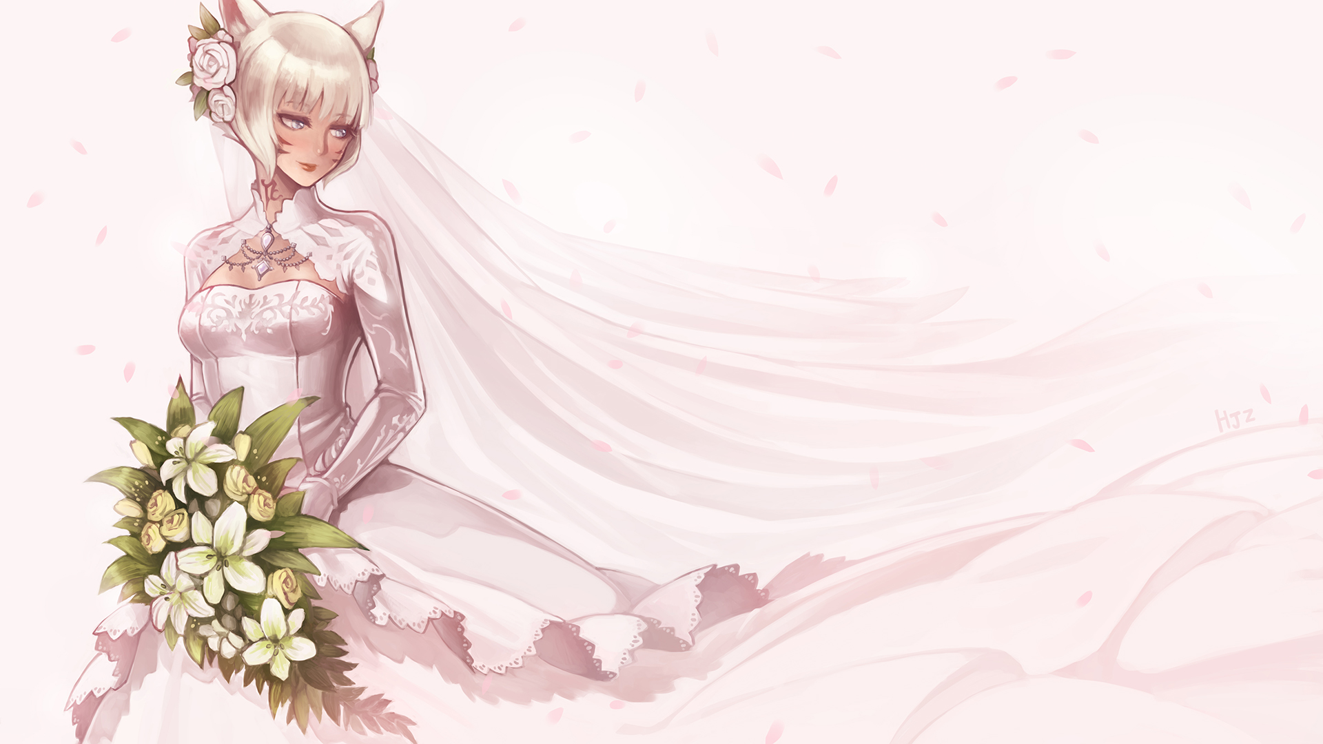 Miqo'te from Final Fantasy in a wedding dress HD Wallpaper