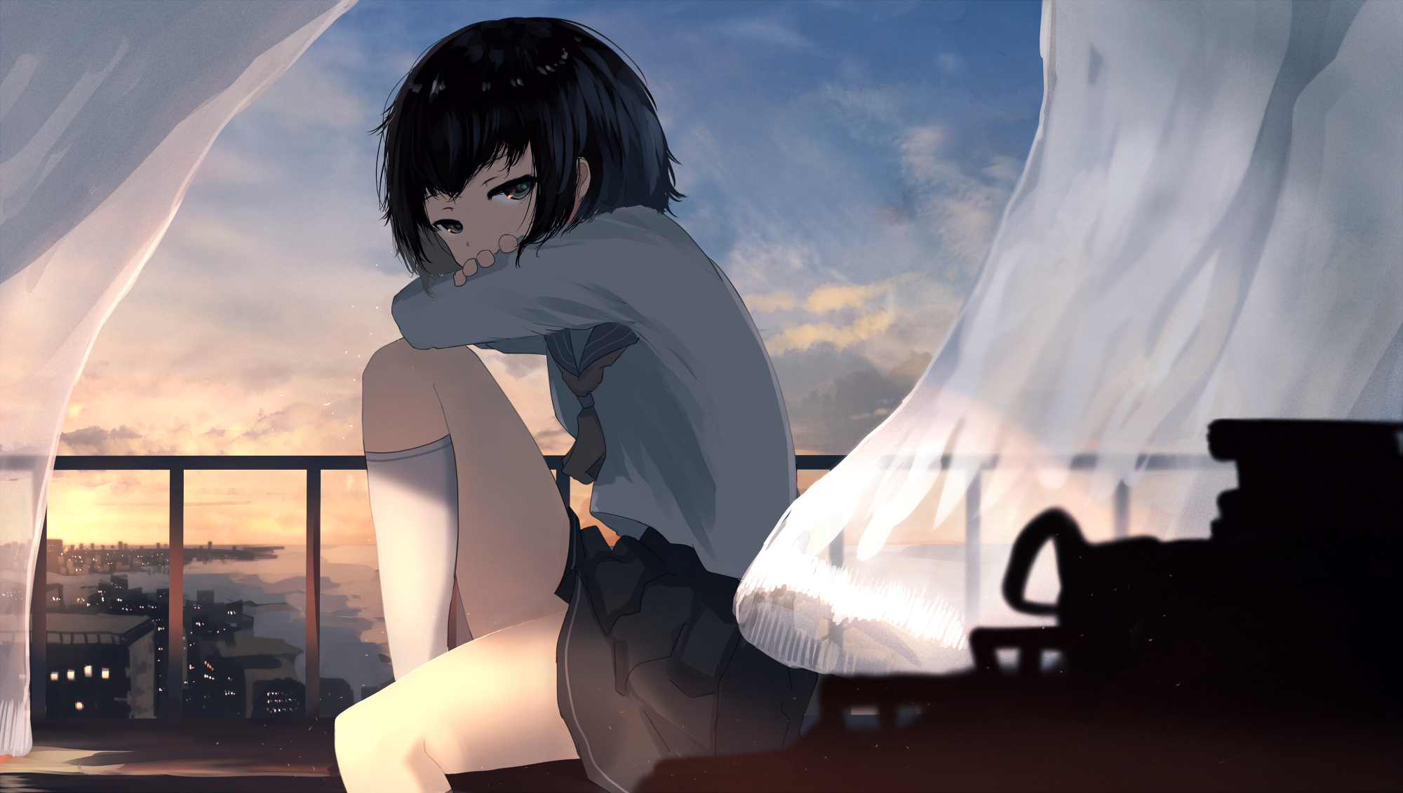 Anime girl on a balcony at sunset HD Wallpaper