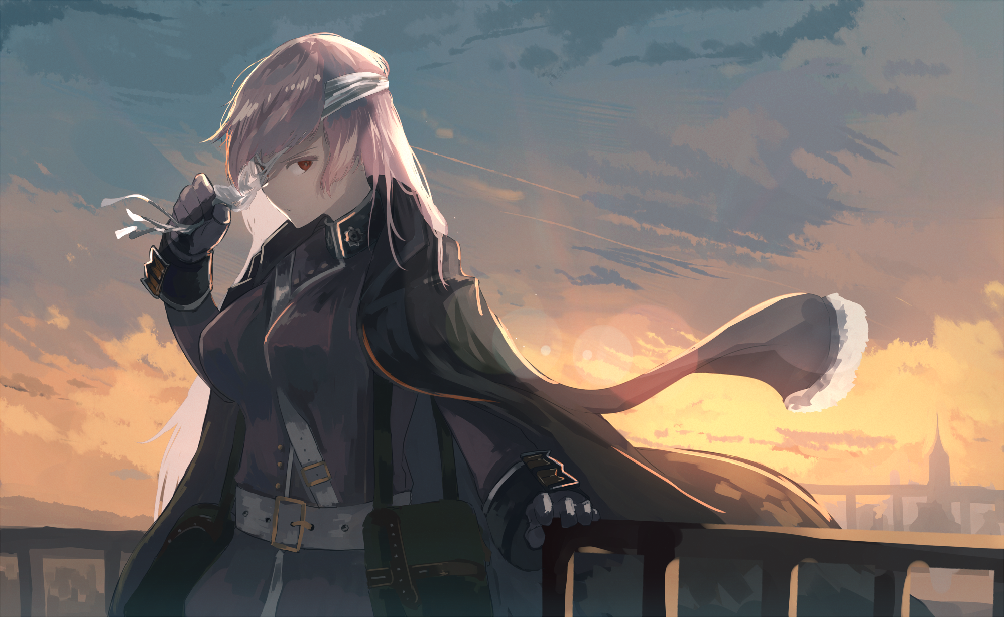 Anime girl in military uniform holding a flower at sunset HD Wallpaper