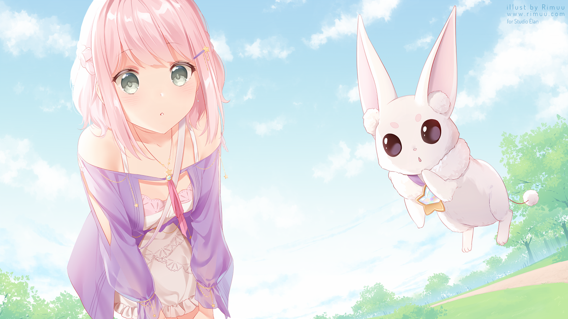 Anime girl with pink hair and a white creature in the sky HD Wallpaper