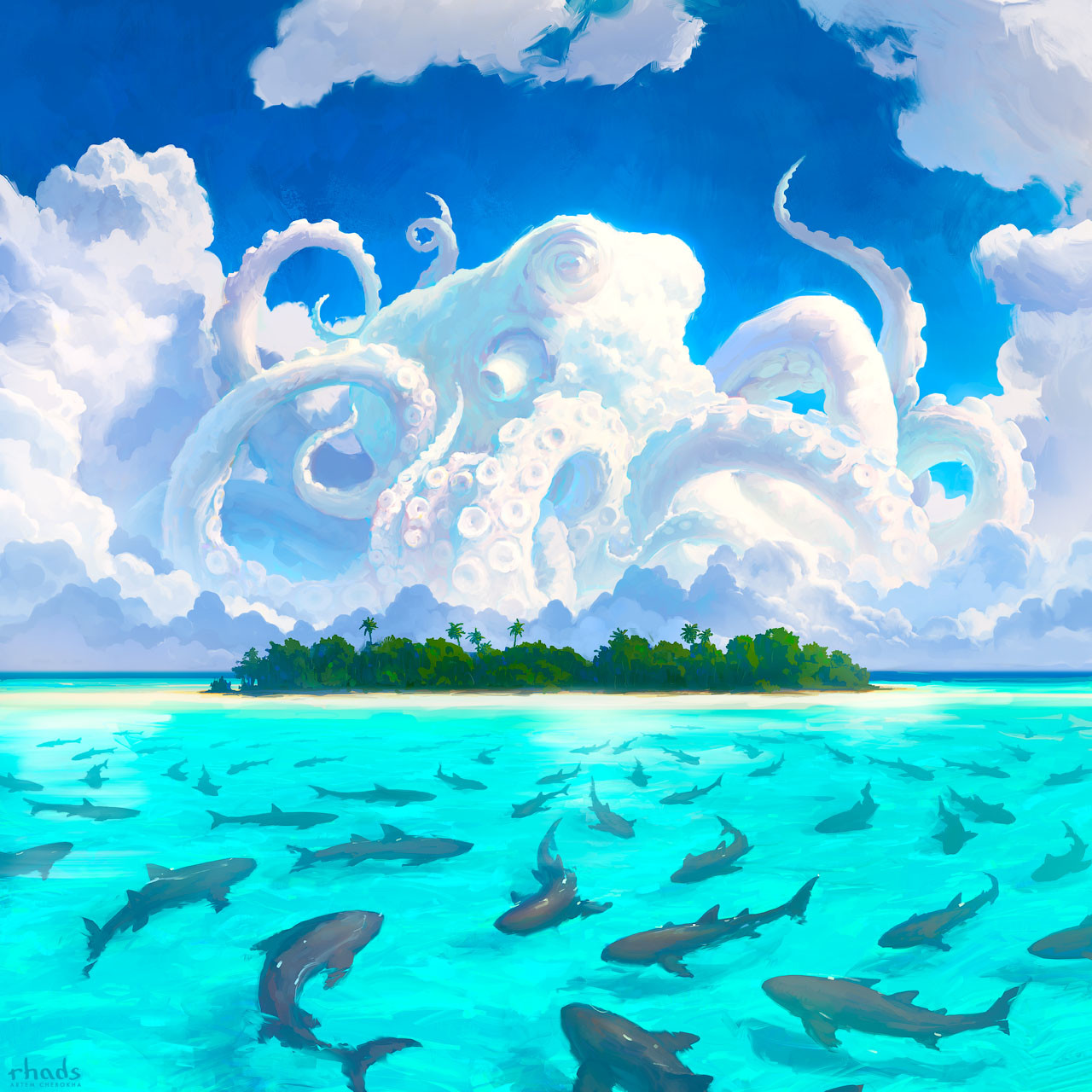 Octopus cloud over island with sharks in the sea HD Wallpaper