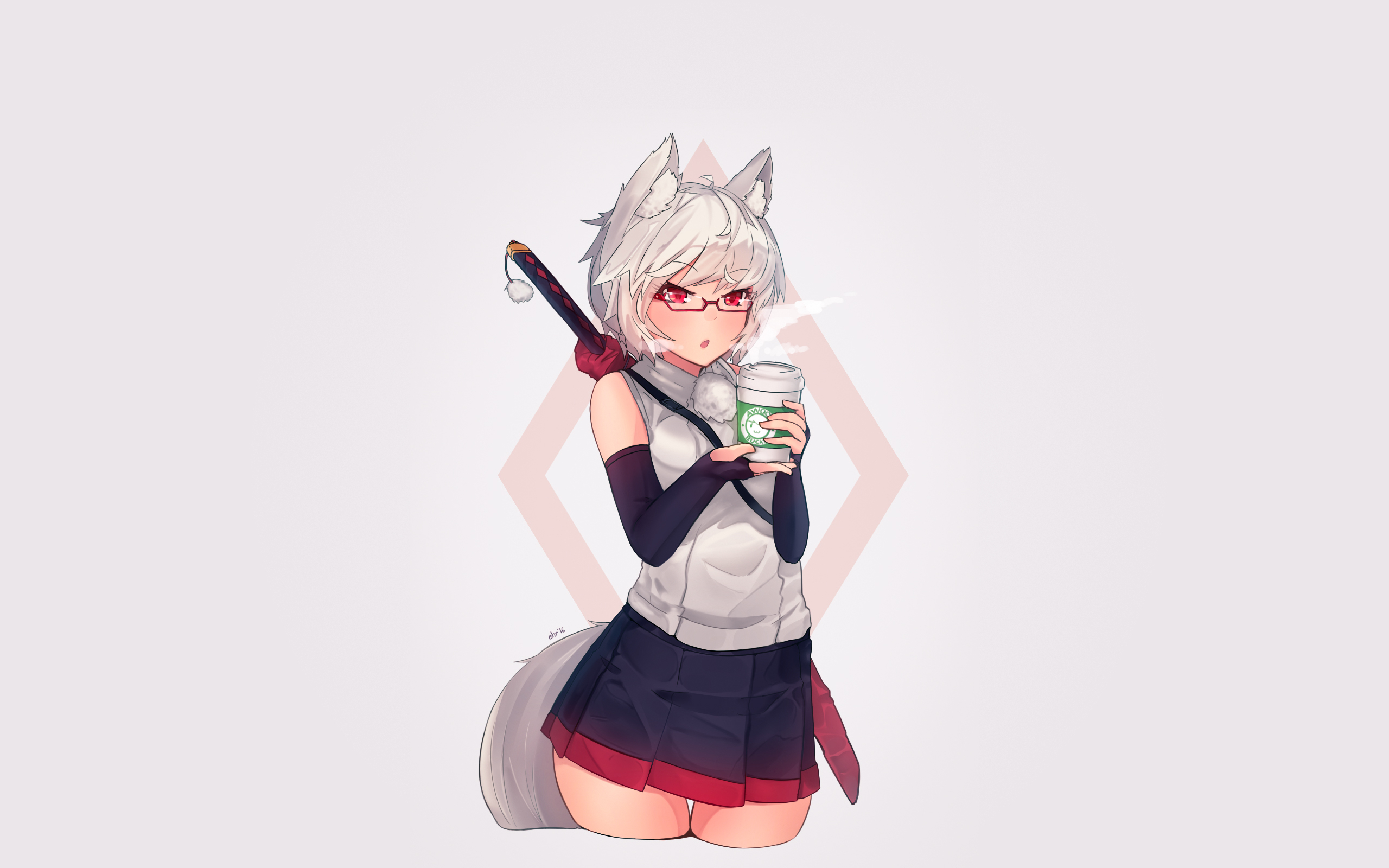 Wolf girl with glasses holding a coffee cup HD Wallpaper