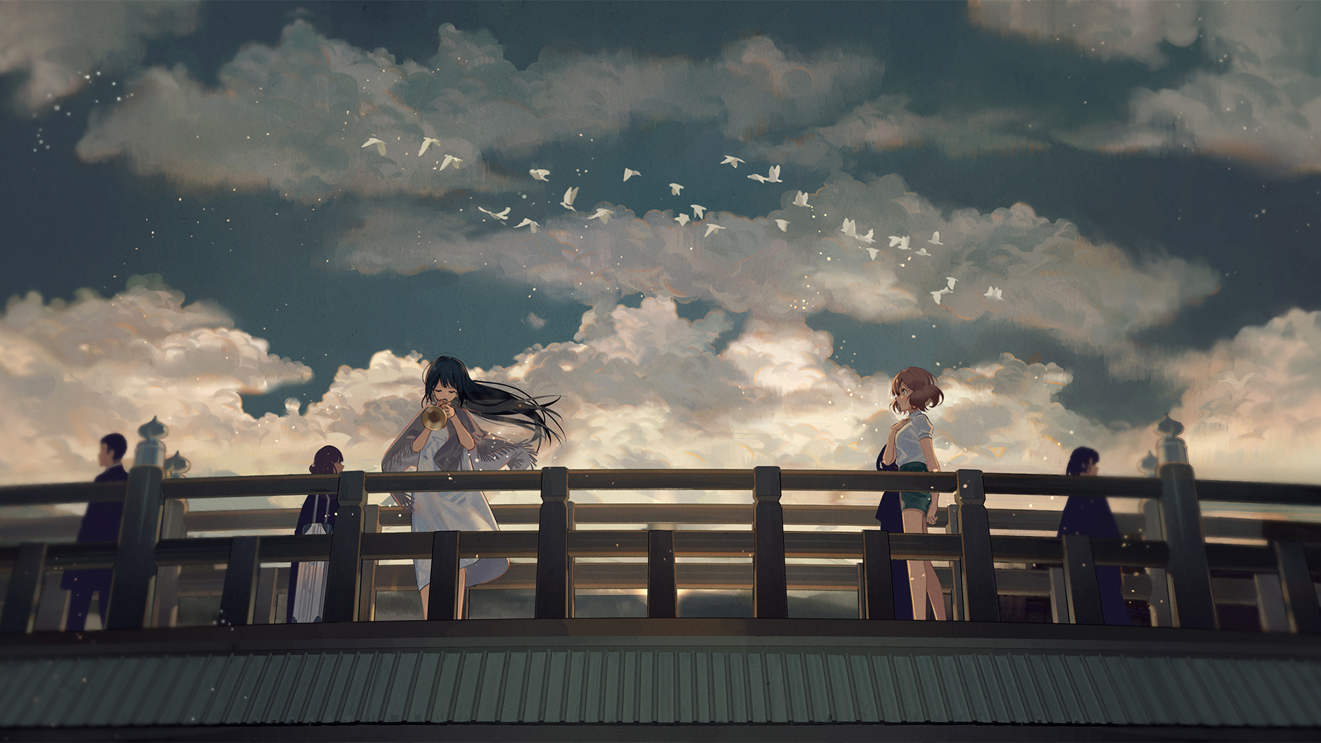 Anime girls on a bridge with birds flying HD Wallpaper