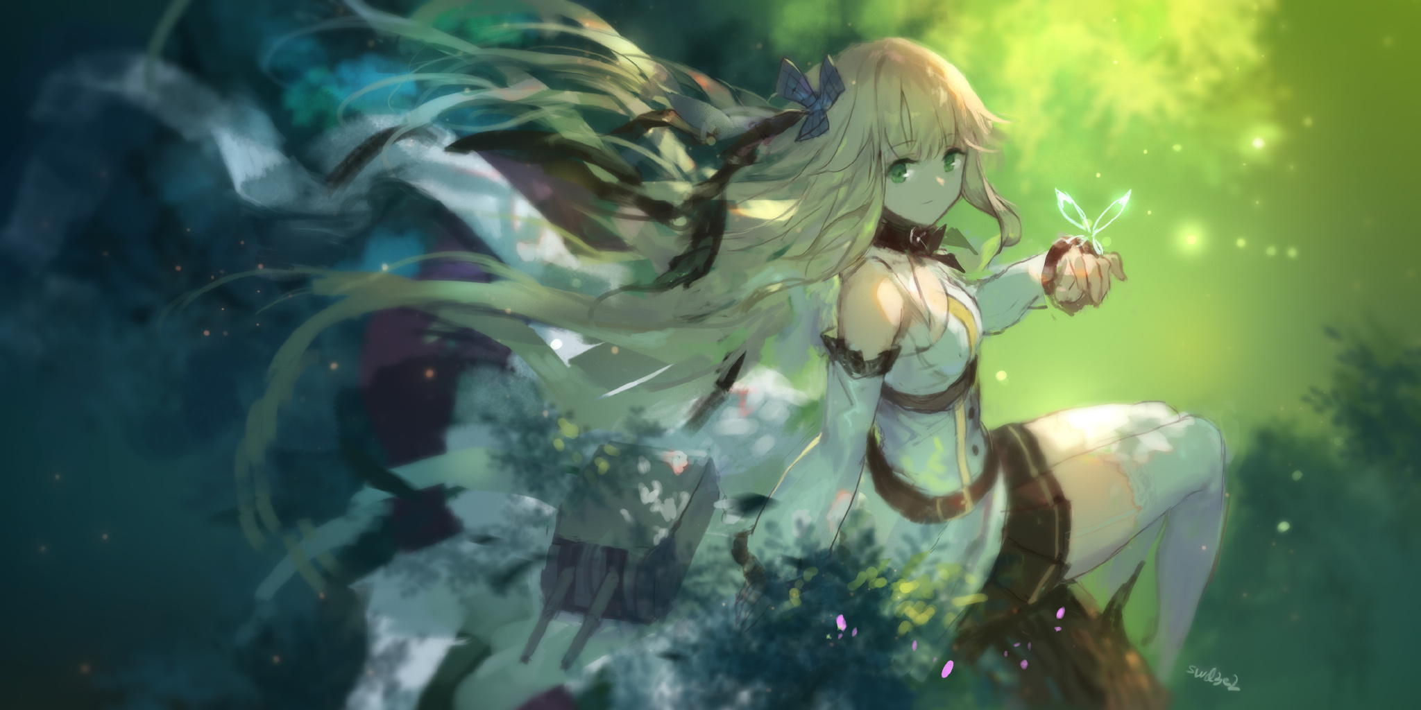 Anime girl with blonde hair holding a plant in a forest HD Wallpaper