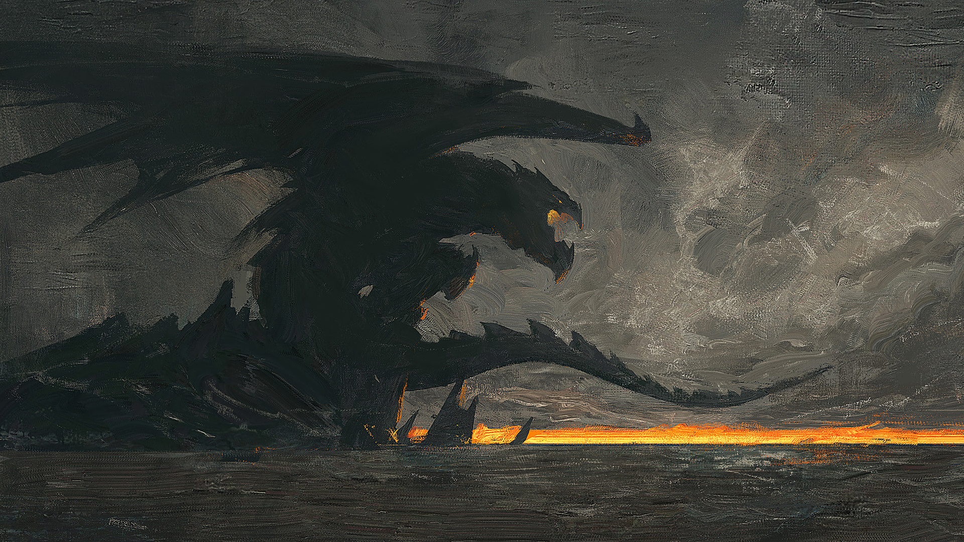 A dark dragon breathing fire over a dark landscape HD Wallpaper