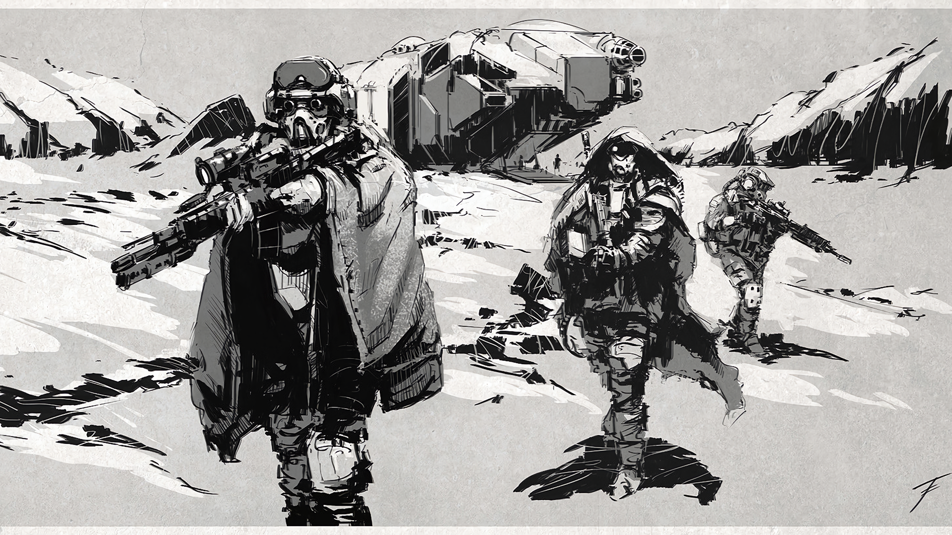 Soldiers in a desolate landscape with a spacecraft HD Wallpaper