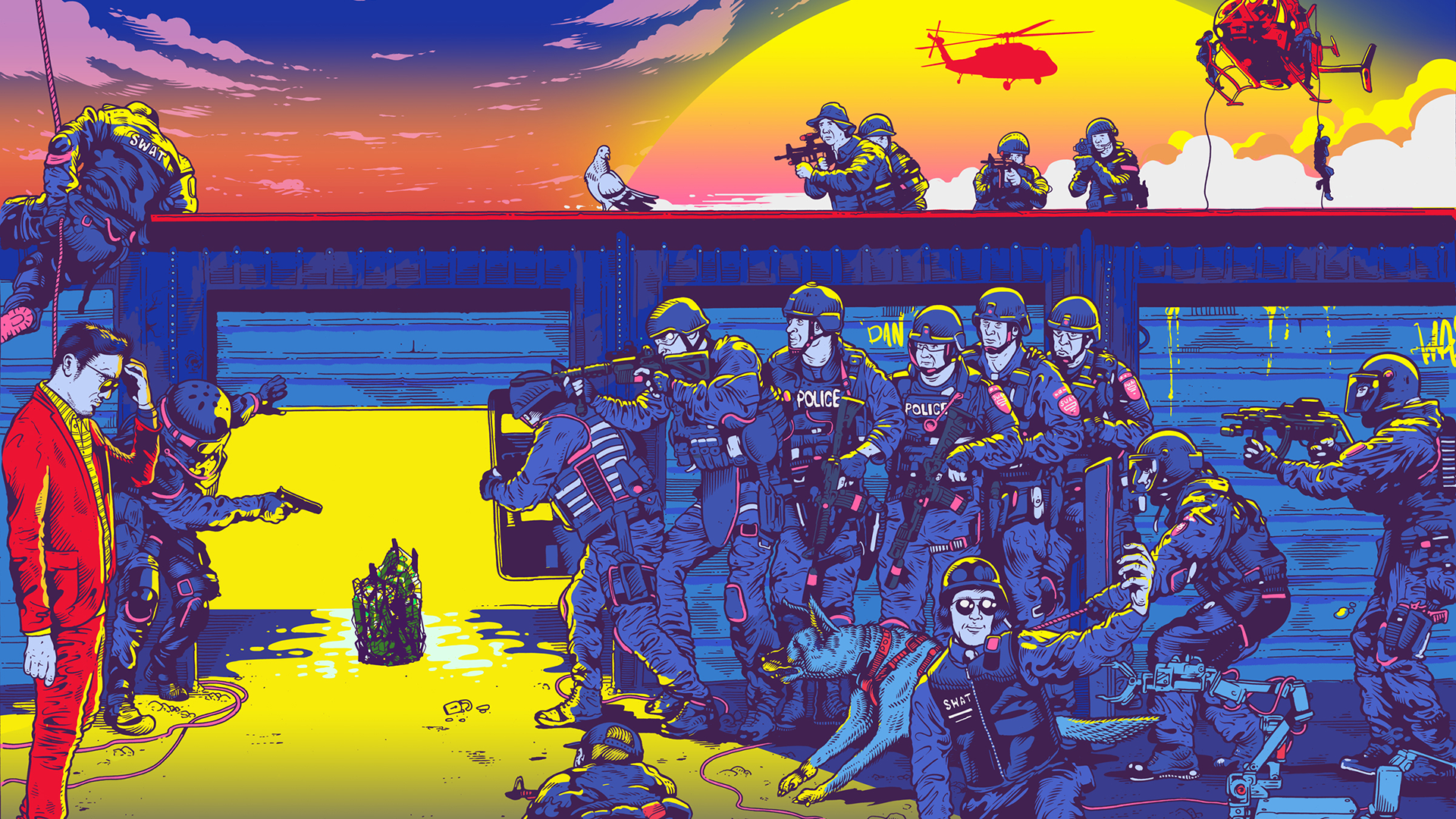 SWAT team in action with helicopters and a pigeon HD Wallpaper