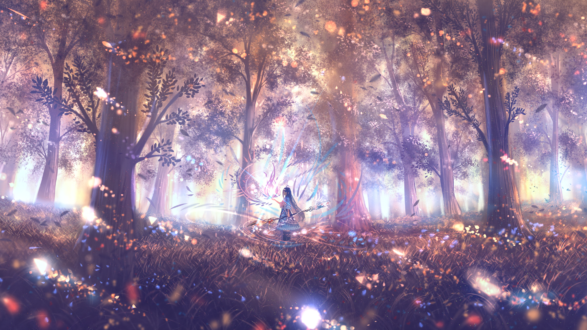 Girl with long hair and staff in a magical forest HD Wallpaper