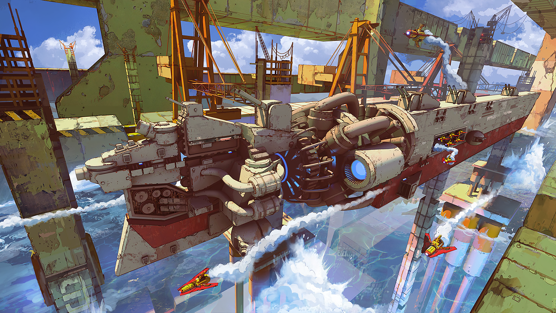 Futuristic ship in a dry dock with small aircraft HD Wallpaper
