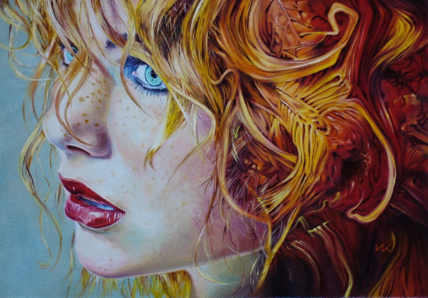 Artwork of a redhead woman with blue eyes HD Wallpaper