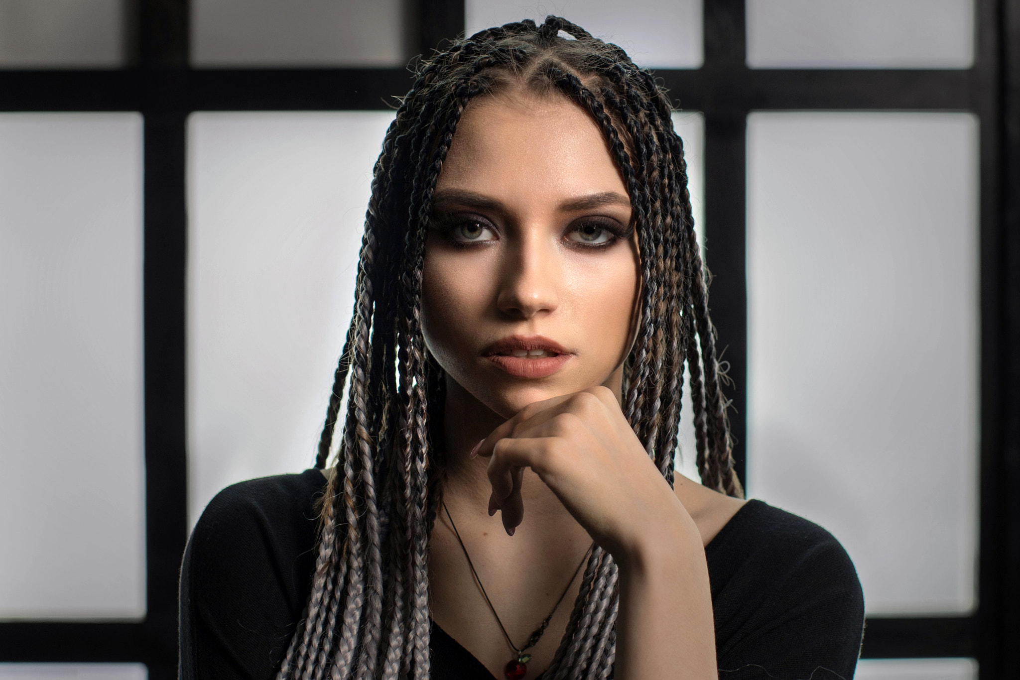 Woman with braided hair and dark makeup HD Wallpaper