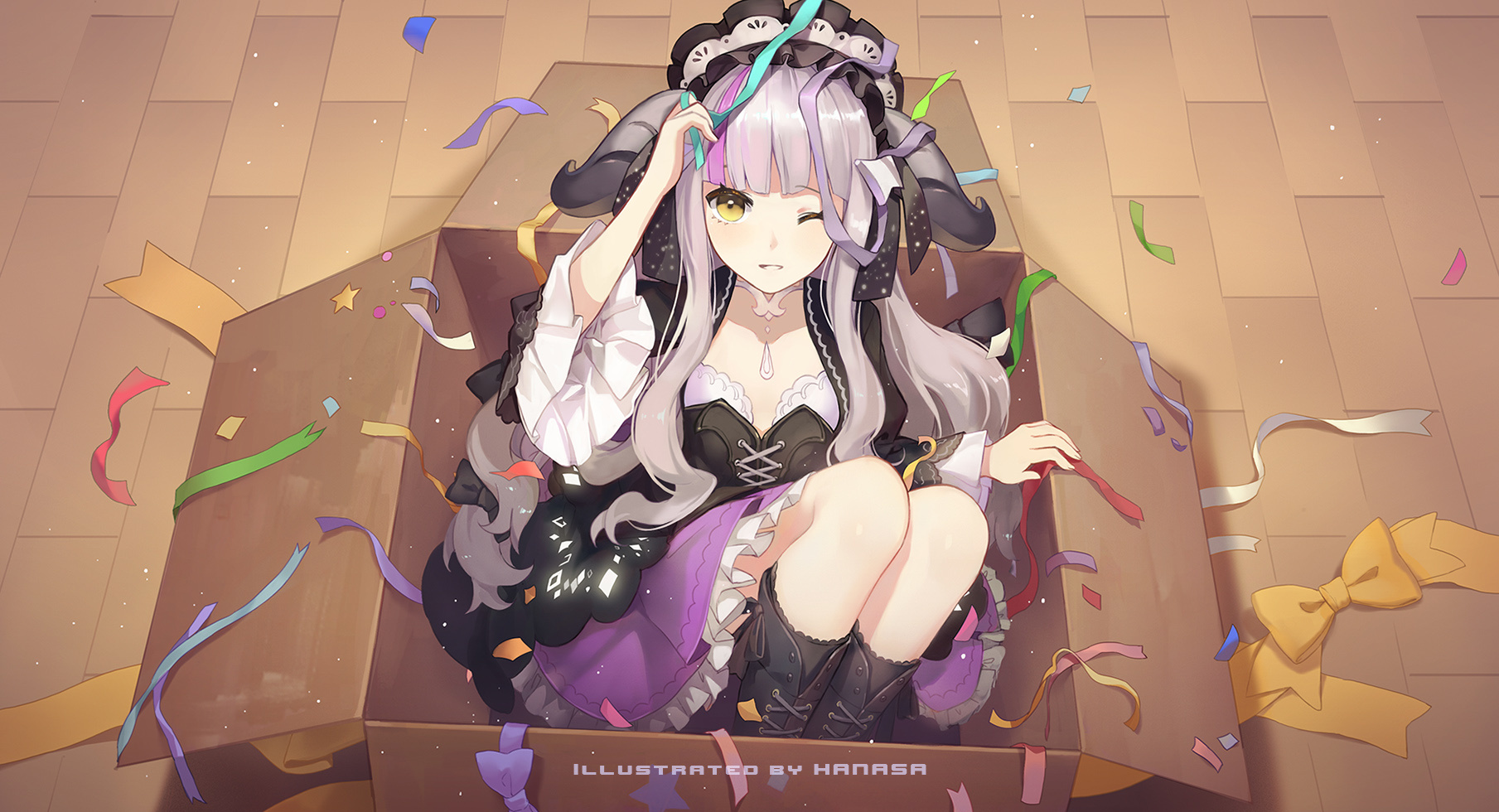 Anime girl with horns in a box with confetti HD Wallpaper