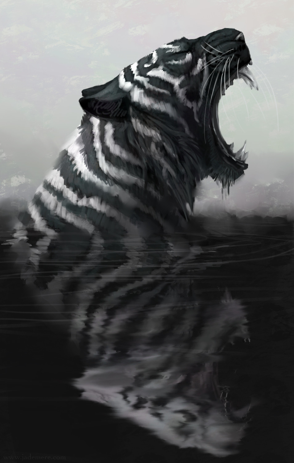 Tiger roaring in dark water with reflection HD Wallpaper