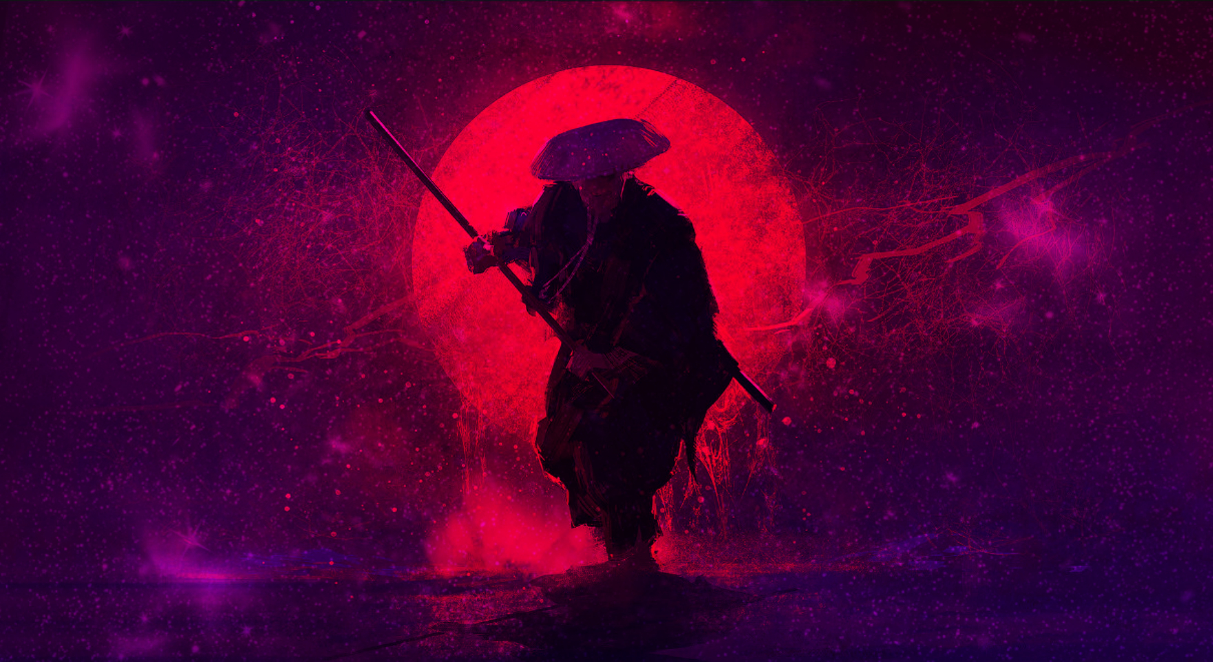 purple sun, bloody sun, space, sunset, samurai, Buddhist mood HD Wallpaper