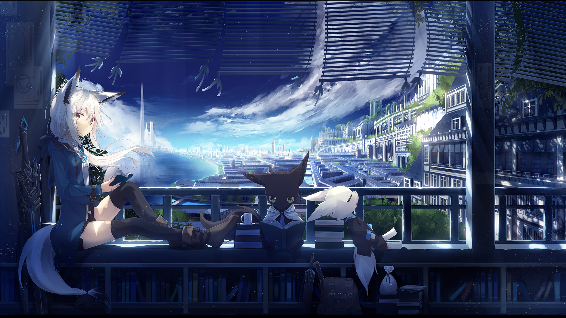 Anime girl with animal ears reading by the window HD Wallpaper