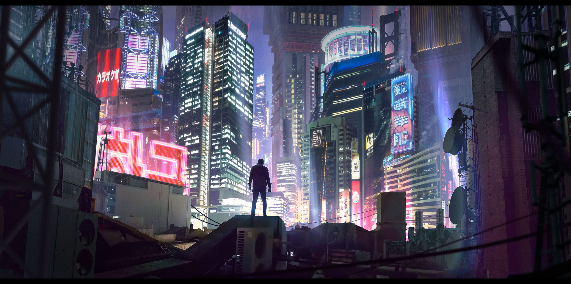 Cyberpunk city skyline with a lone figure HD Wallpaper