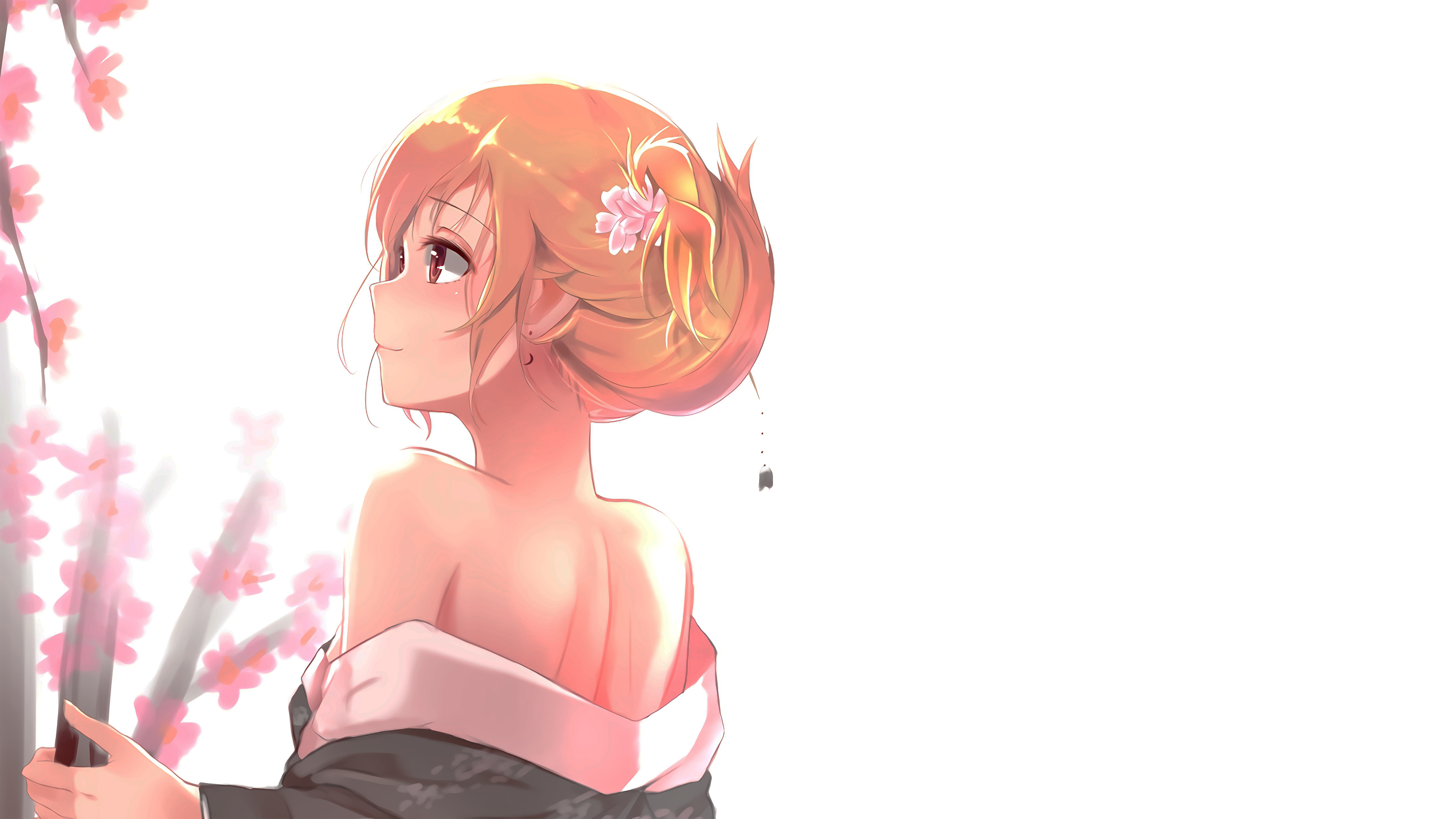 Anime girl with pink flowers and red eyes HD Wallpaper