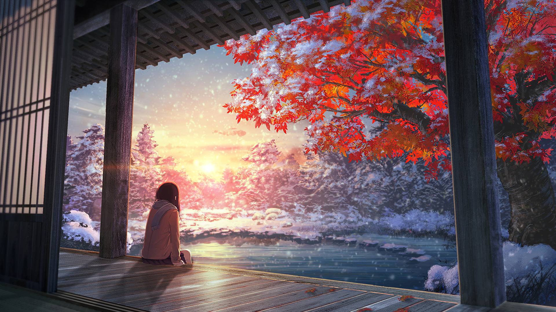 Anime girl sitting on a porch during a snowy sunset HD Wallpaper