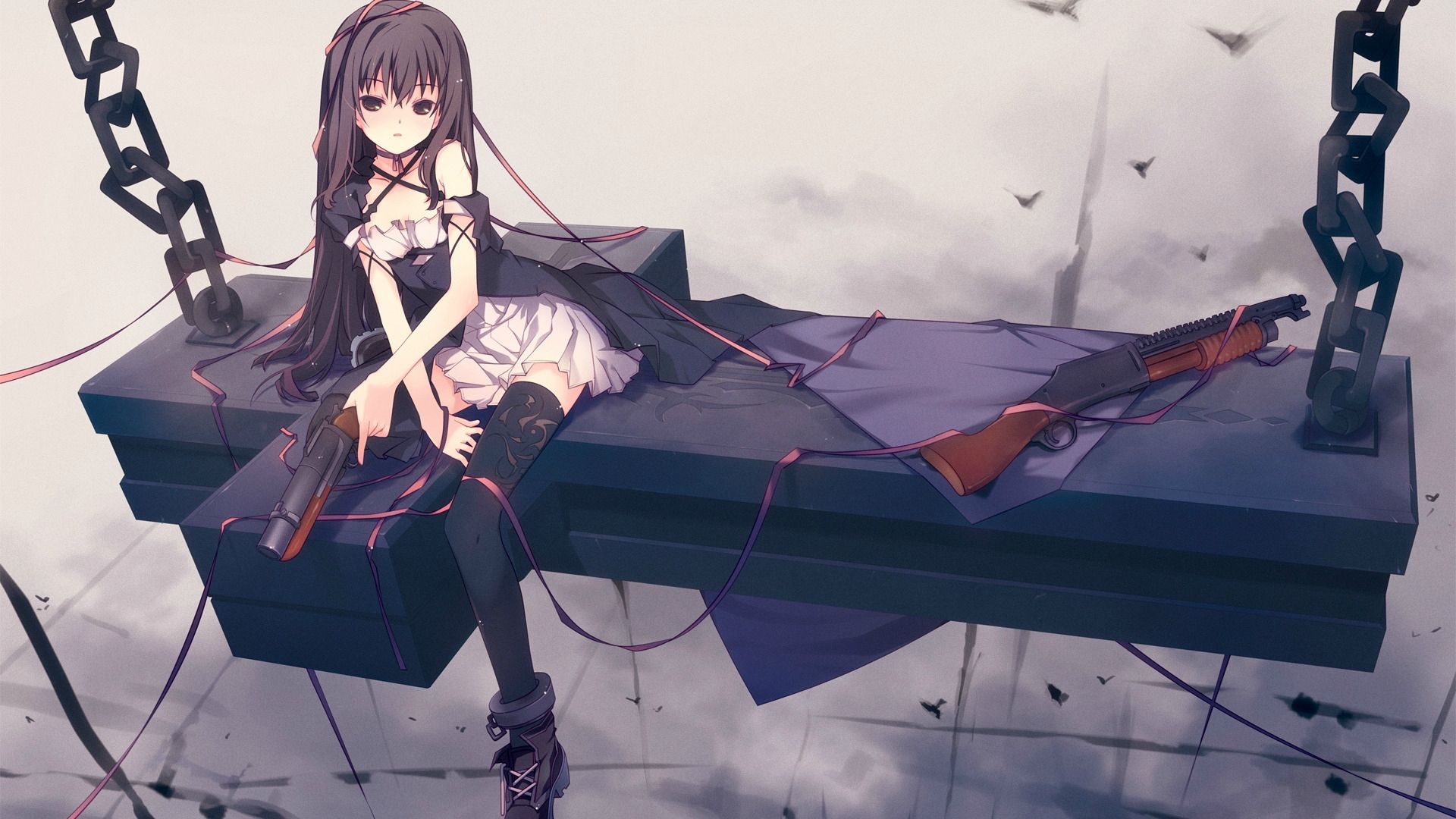 Anime girl with long black hair holding a shotgun HD Wallpaper