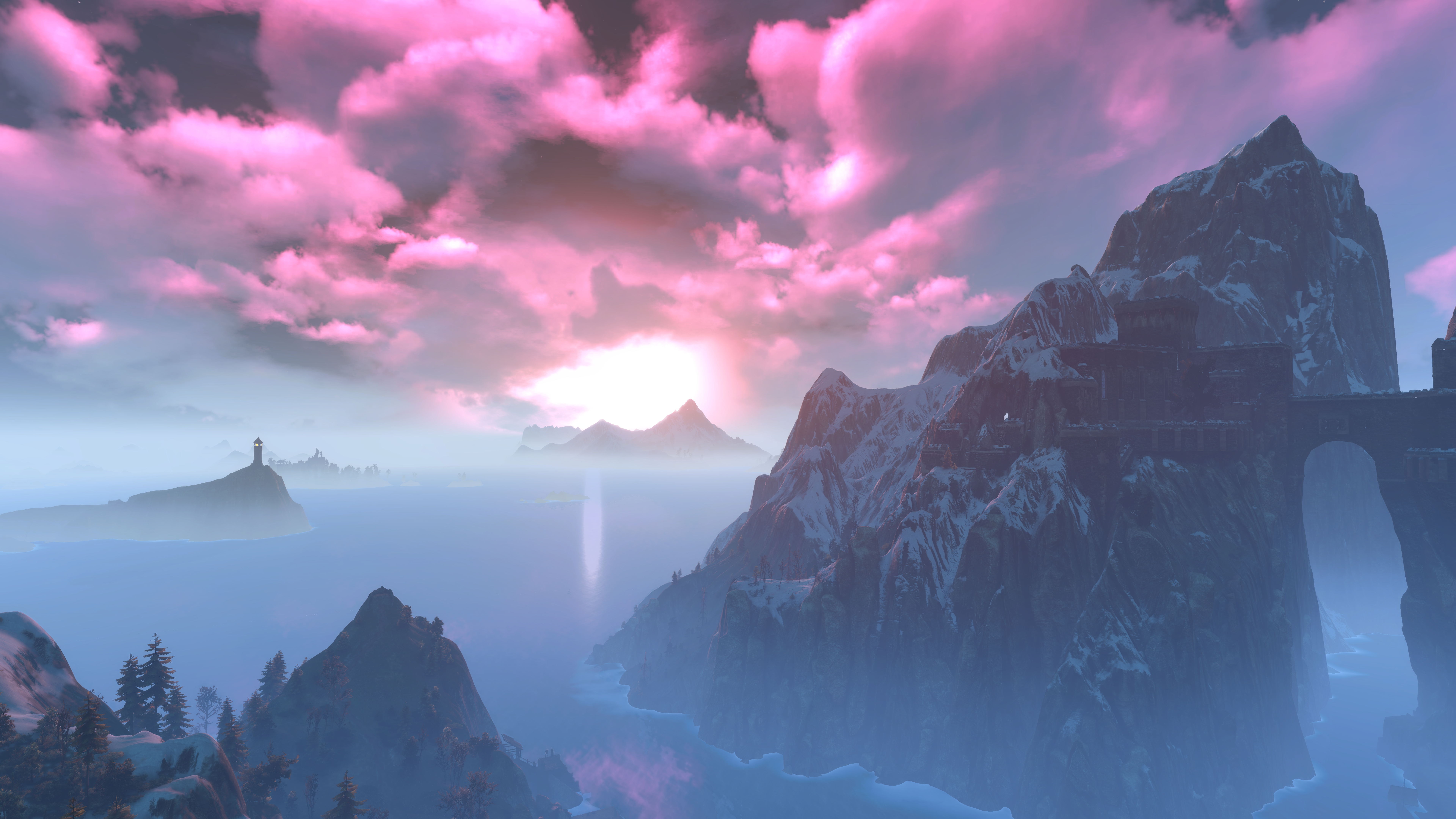 The Witcher 3: Wild Hunt screenshot with mountains and sea HD Wallpaper