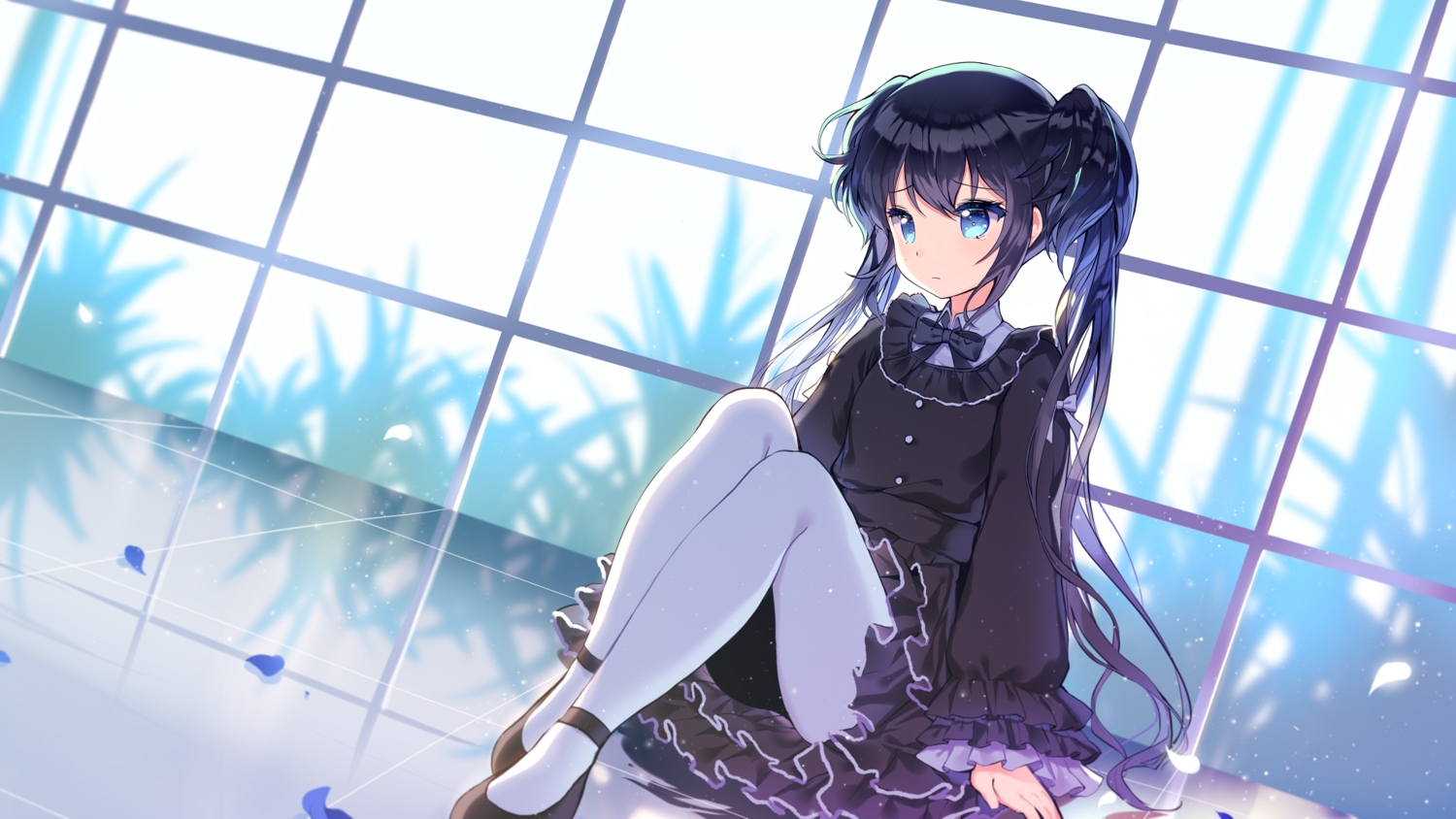 Anime girl with black pigtails in a black dress by the window HD Wallpaper
