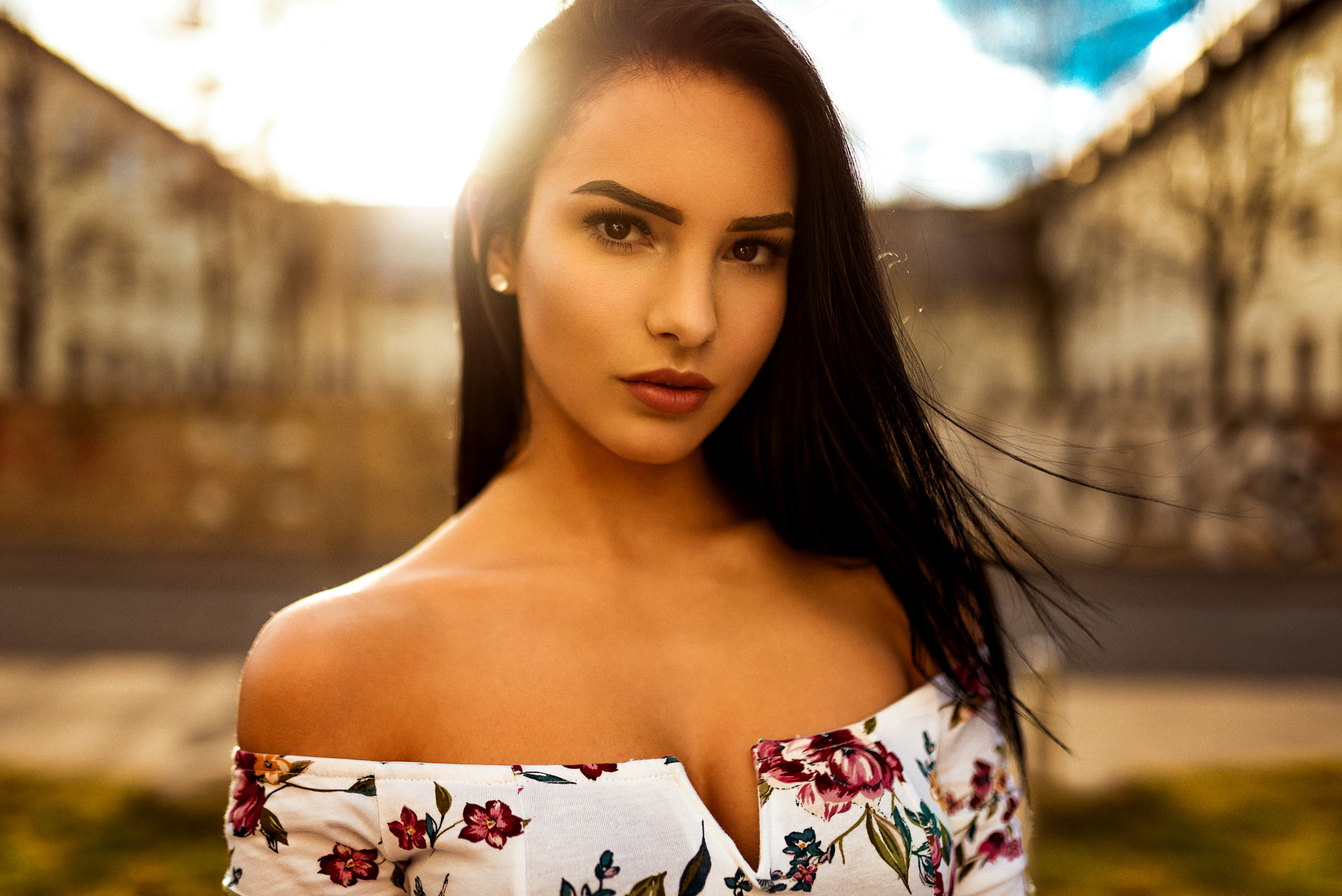 Woman with black hair and floral off-the-shoulder top HD Wallpaper