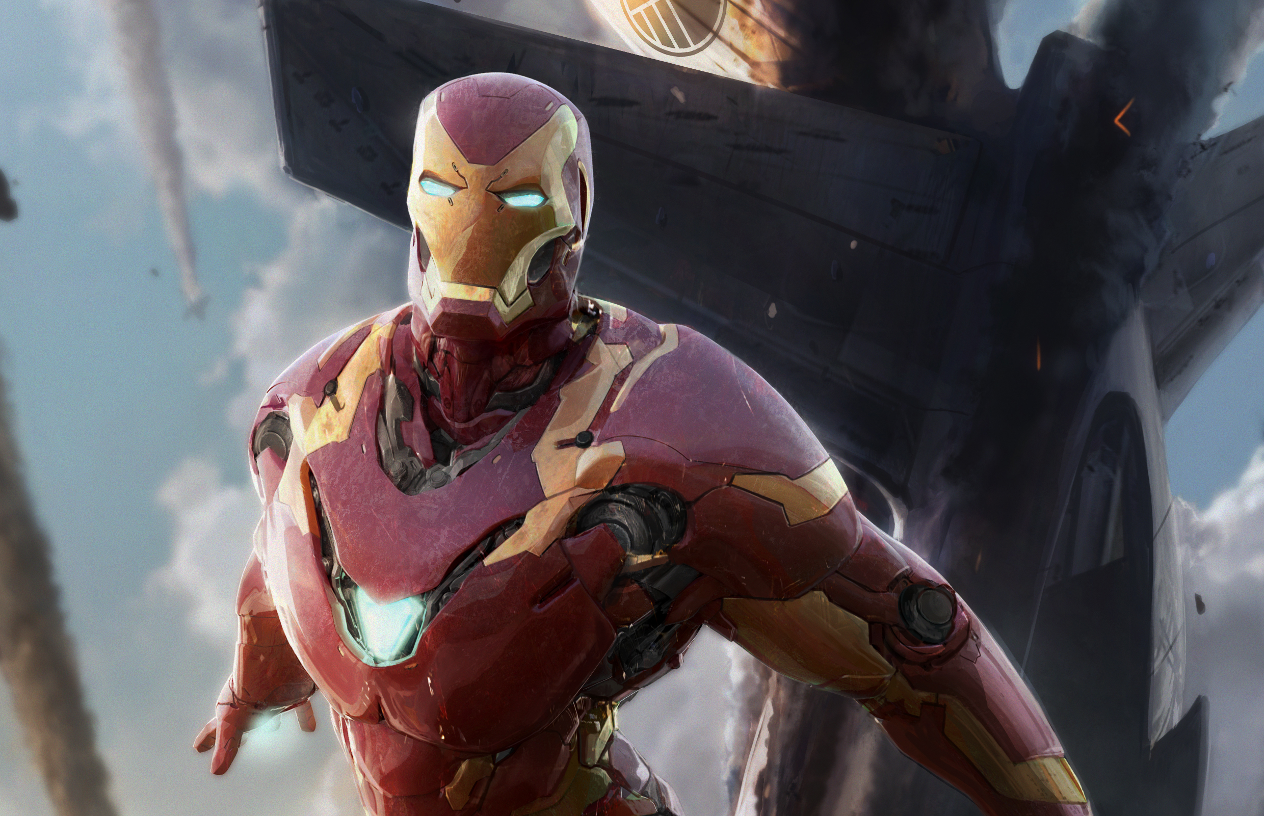 Iron Man in front of a damaged aircraft HD Wallpaper