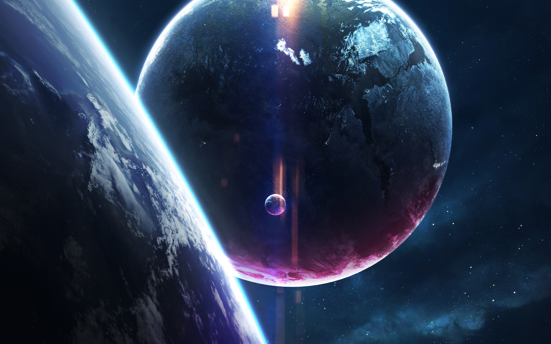 Two planets and a moon in space with stars HD Wallpaper