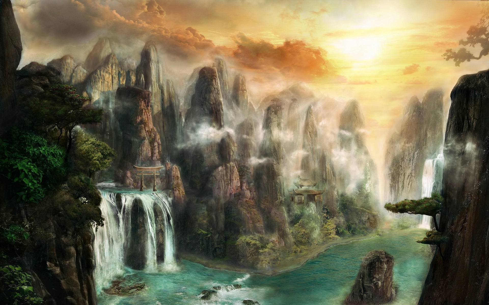 Fantasy mountains with waterfalls and Asian architecture HD Wallpaper
