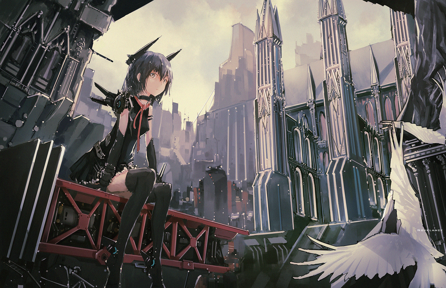 Anime girl in gothic city with birds HD Wallpaper
