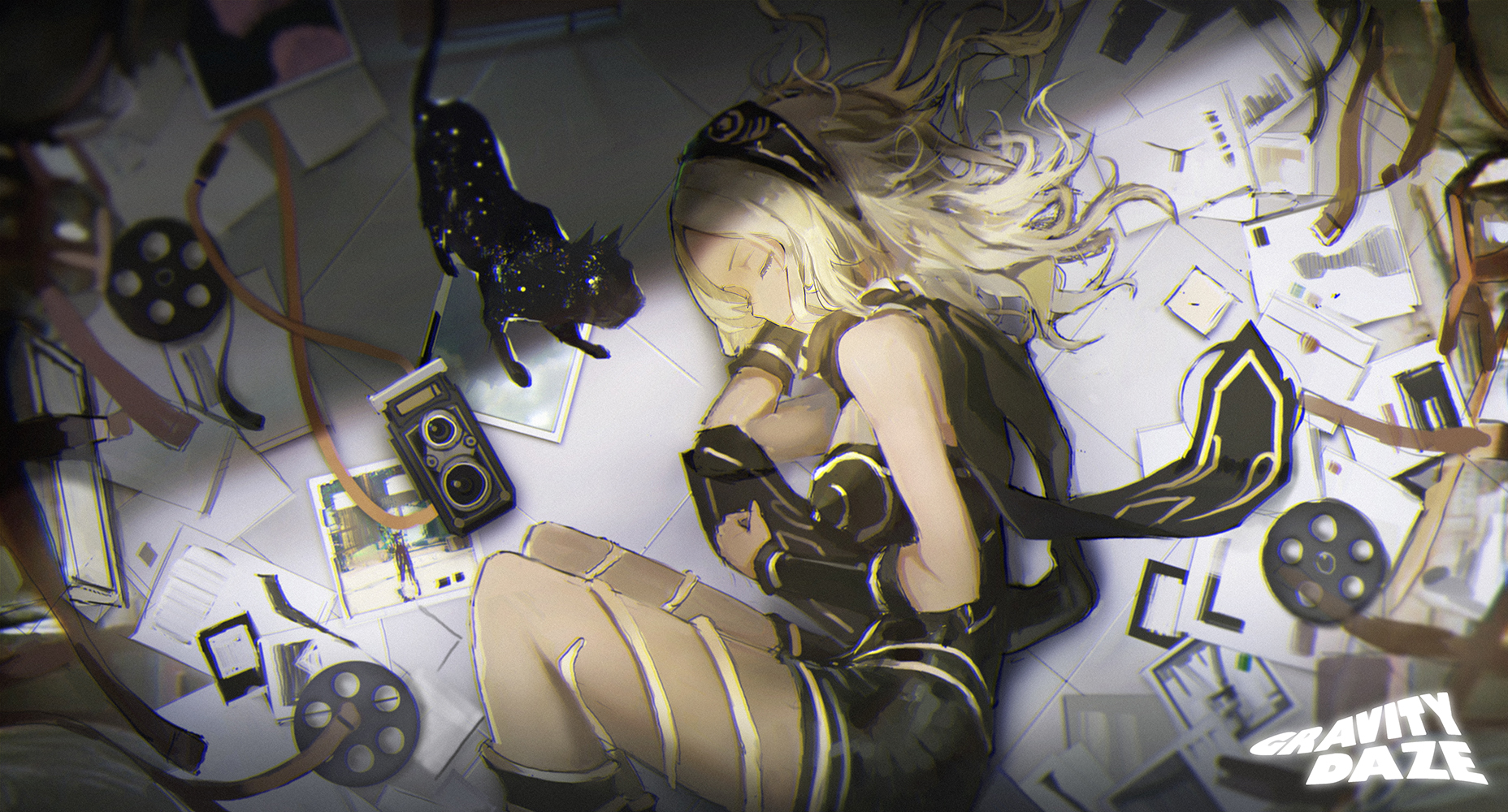 Kat from Gravity Rush sleeping with a cat HD Wallpaper