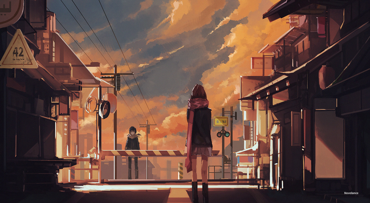 Anime girls at a train crossing at sunset HD Wallpaper
