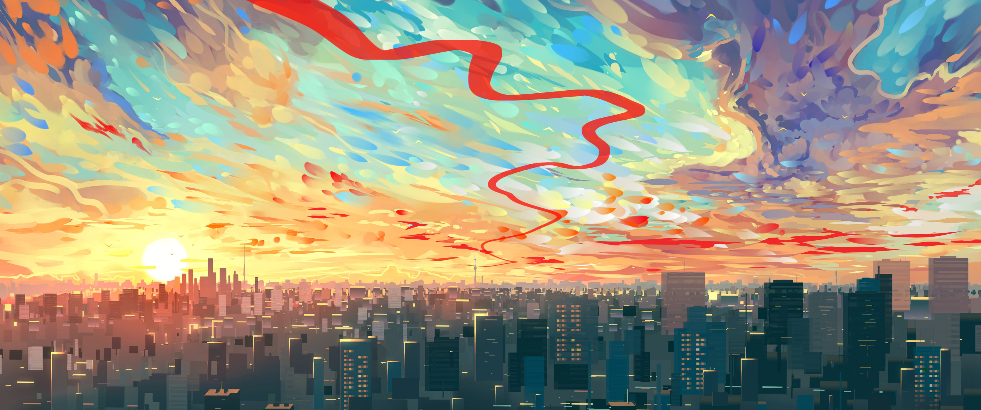 Cityscape at sunset with red ribbon in clouds HD Wallpaper