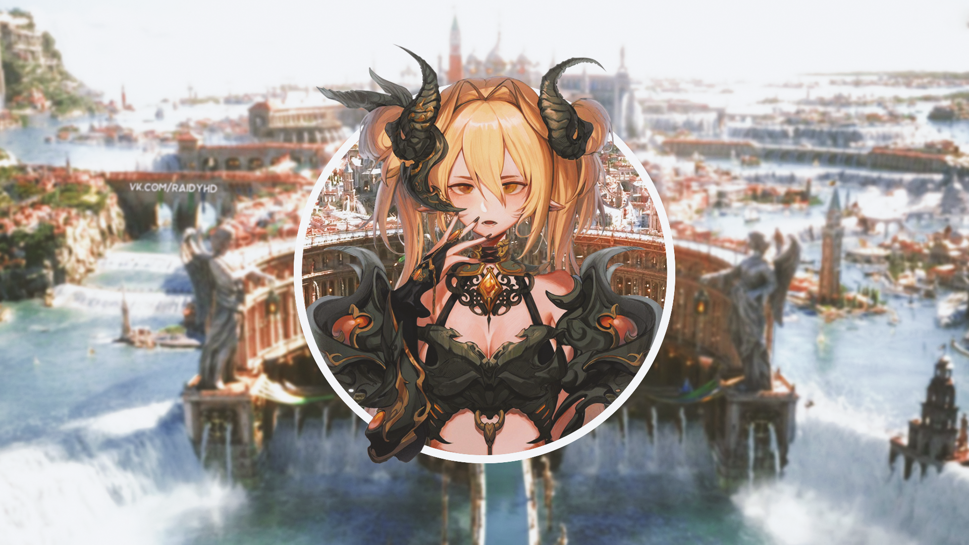 Anime girl with horns in a fantasy city HD Wallpaper