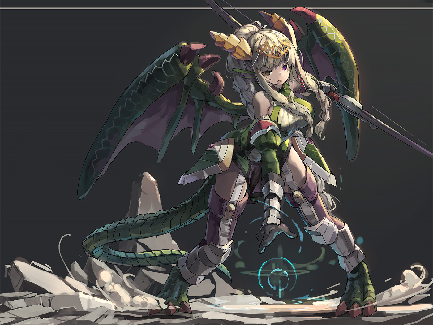 Anime girl with dragon wings and tail holding a spear HD Wallpaper