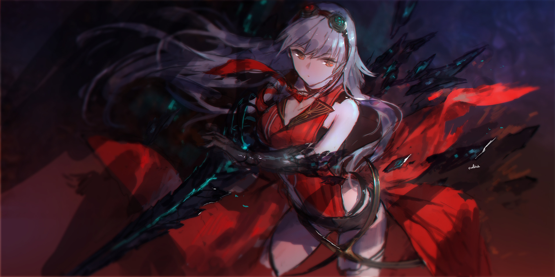 Anime girl with white hair and red outfit HD Wallpaper
