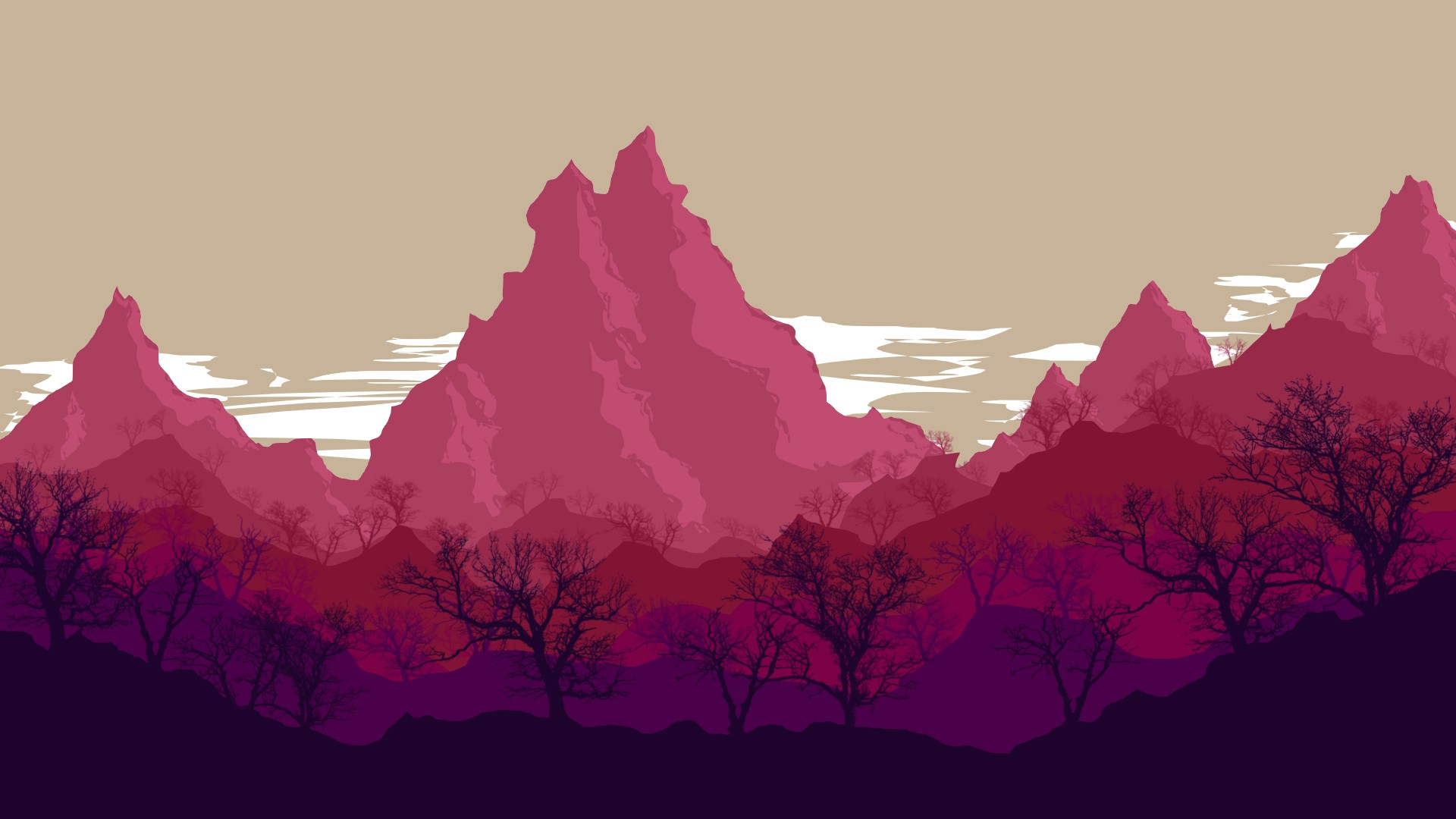 Pink mountains and bare trees digital art HD Wallpaper