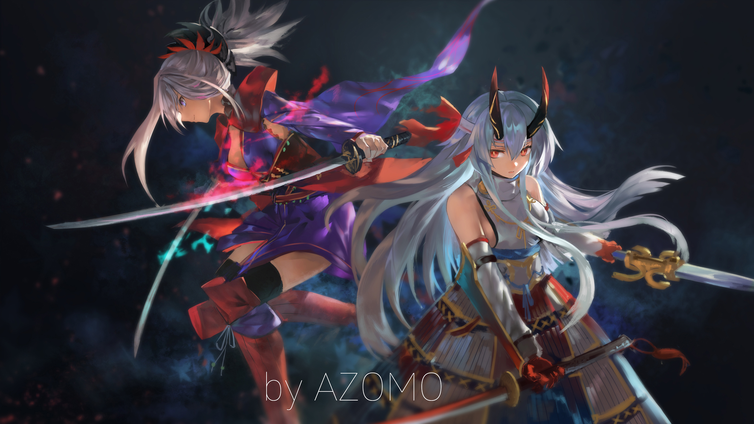 Two anime samurai girls with swords by AZOMO HD Wallpaper
