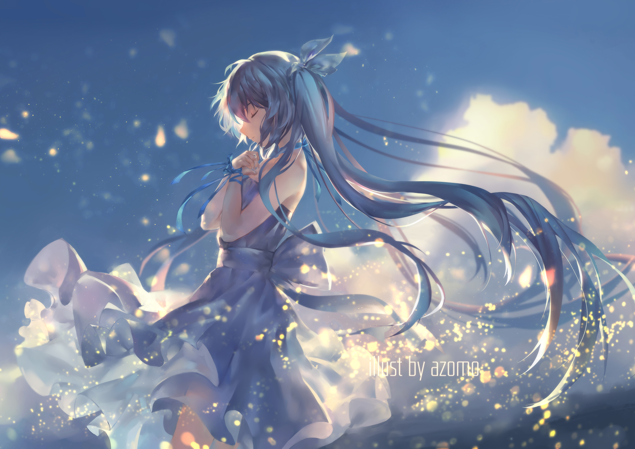 Anime girl with blue hair and dress HD Wallpaper