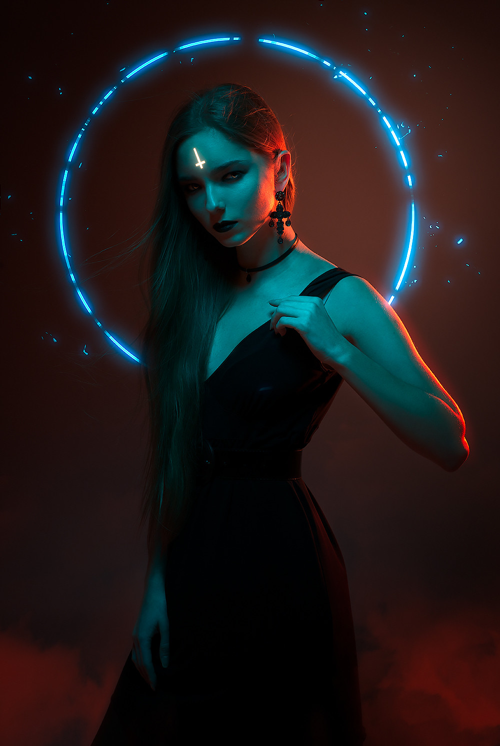 Woman with inverted cross and neon circle HD Wallpaper