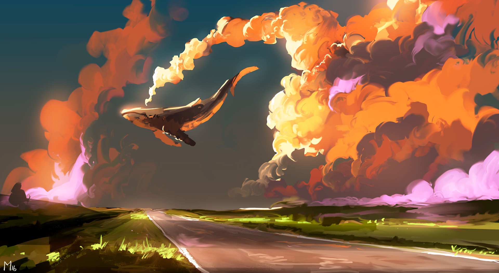 Whale flying through fiery clouds over a road HD Wallpaper