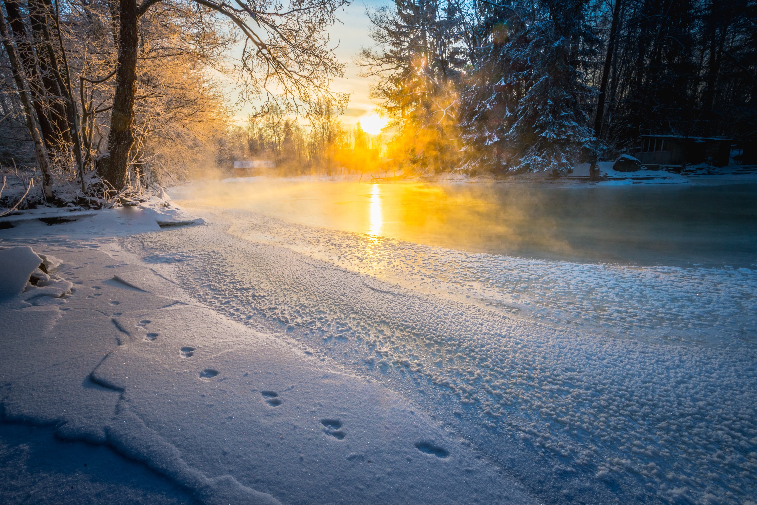 Winter landscape with steaming river at sunrise HD Wallpaper
