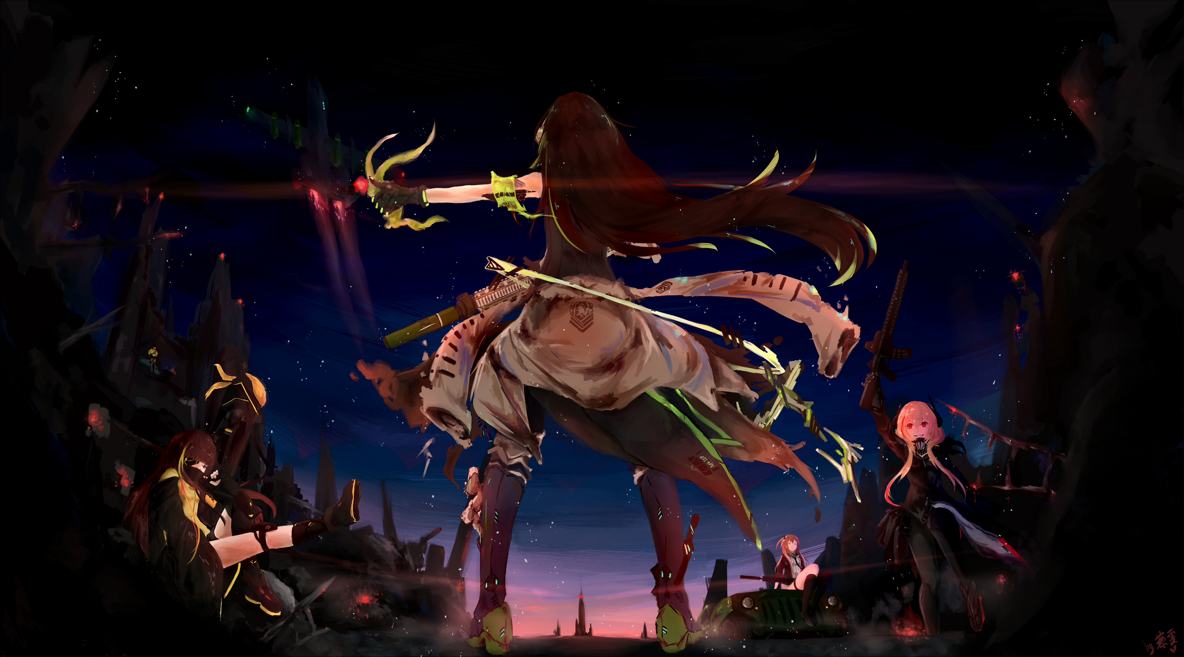 Girls Frontline characters in a dark, battle-torn landscape HD Wallpaper