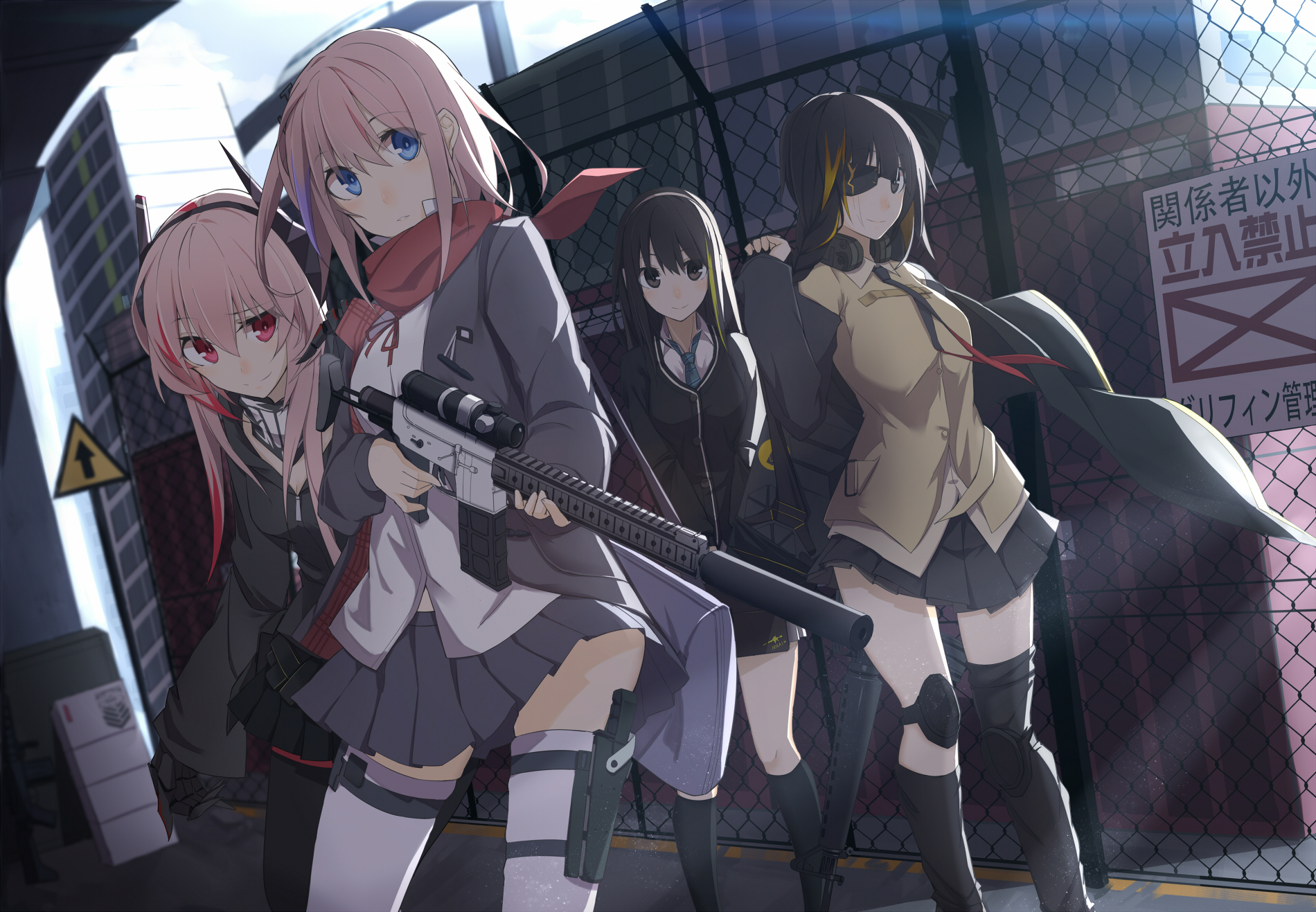 Girls' Frontline characters with firearms in urban setting HD Wallpaper