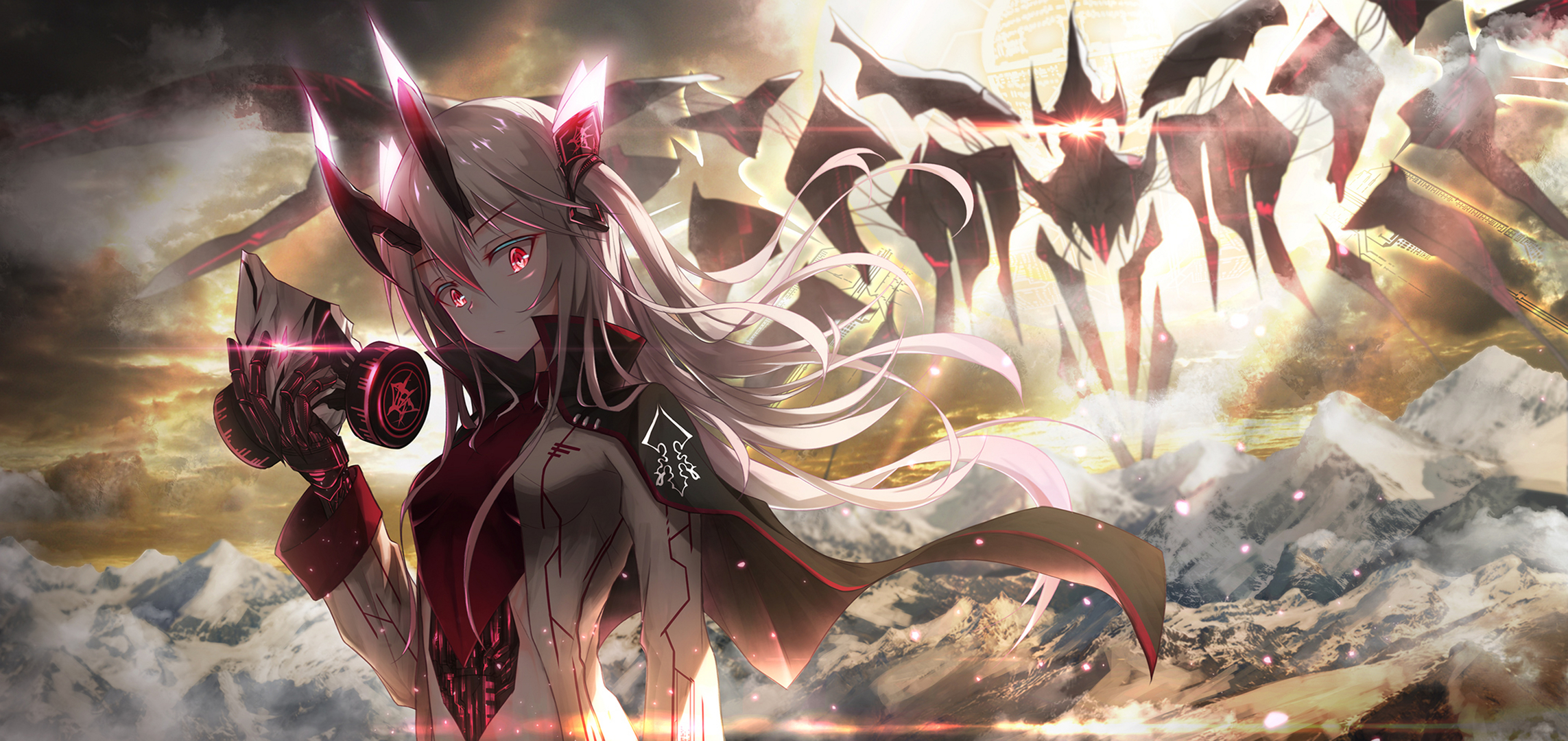 Anime girl with horns holding a device in a mountainous landscape HD Wallpaper