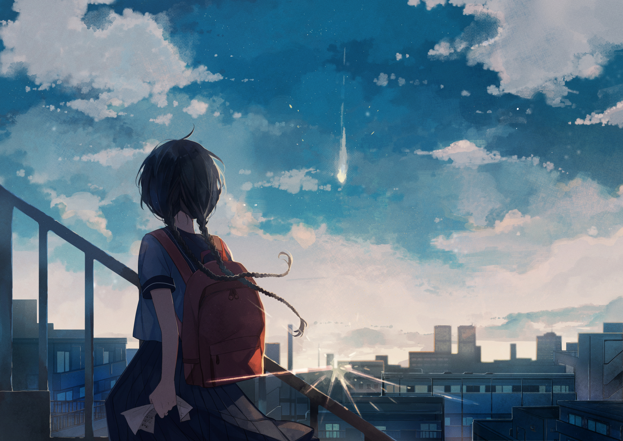 Girl with backpack watching a meteor shower over city HD Wallpaper